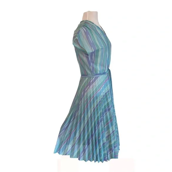 Vintage dress Touch Class pleated A-line pastel pink blue green belted size 14 - Picture 2 of 15